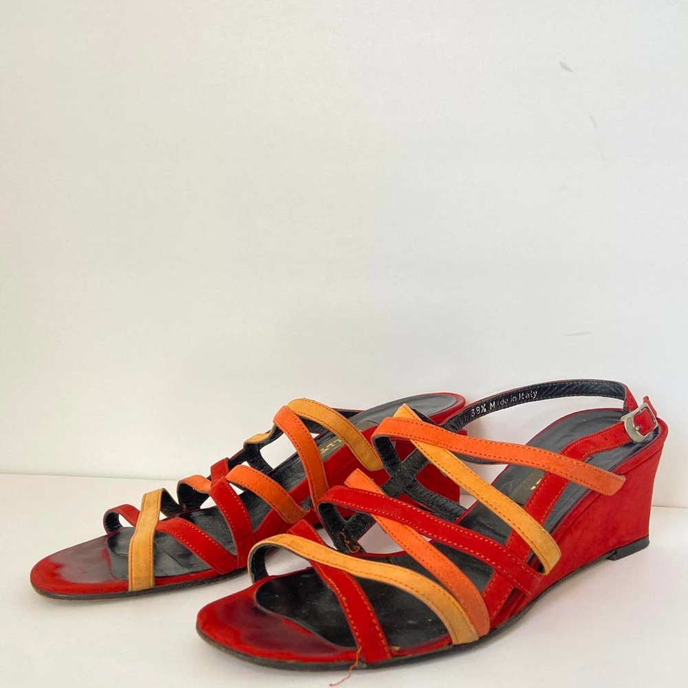1990s Vintage Bally Strappy Red Orange and Yellow Wedge Sandals size 38.5